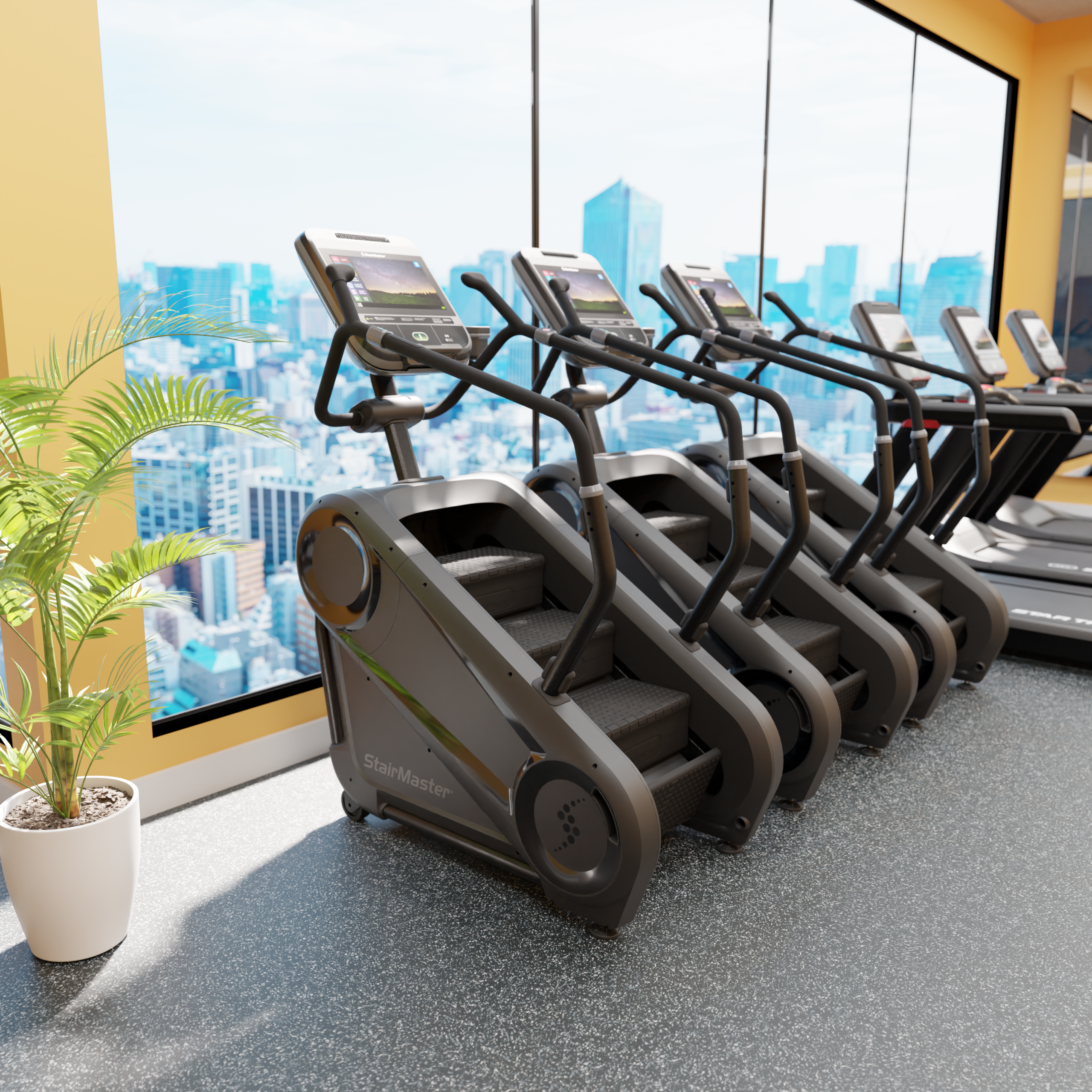 Une belle salle de sport dans un hôtel avec une jolie vue